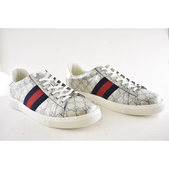 Gucci Ace GG Logo Supreme Canvas Beige Blue Silver Low Top Flat Sneaker G 14 15 - Picture 4 of 16